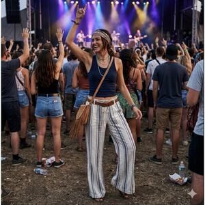Roxy Linen Blend BlueCream Stripe Wide Leg Pant Drawstring Beach Boho Festival S